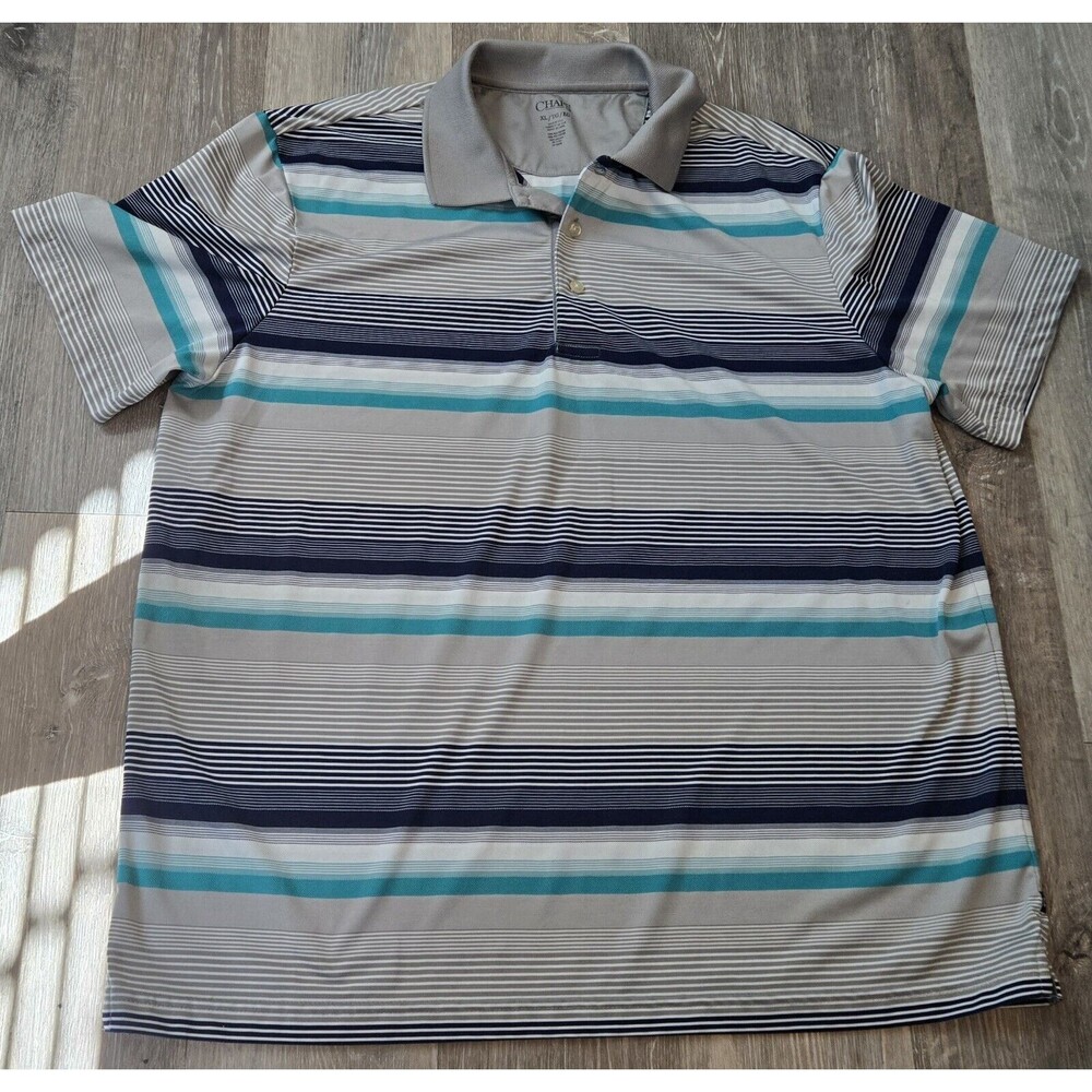 CHAPS Mens XL‎ Polo Shirt Gray Blue Striped Short Sleeve Casual Golf